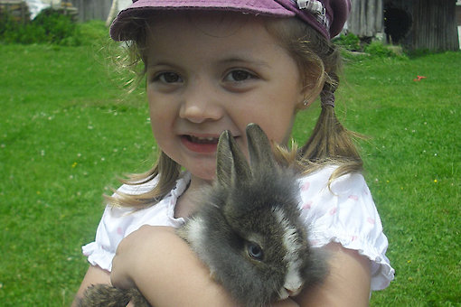 Kind mit Hase auf dem Bauernhof